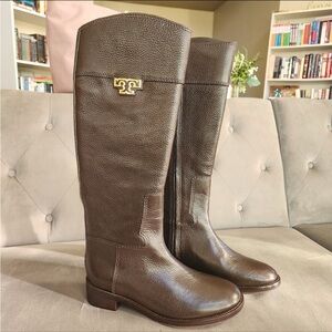 Tory Burch Joanna Pebbled Brown Leather boots shoes size 8